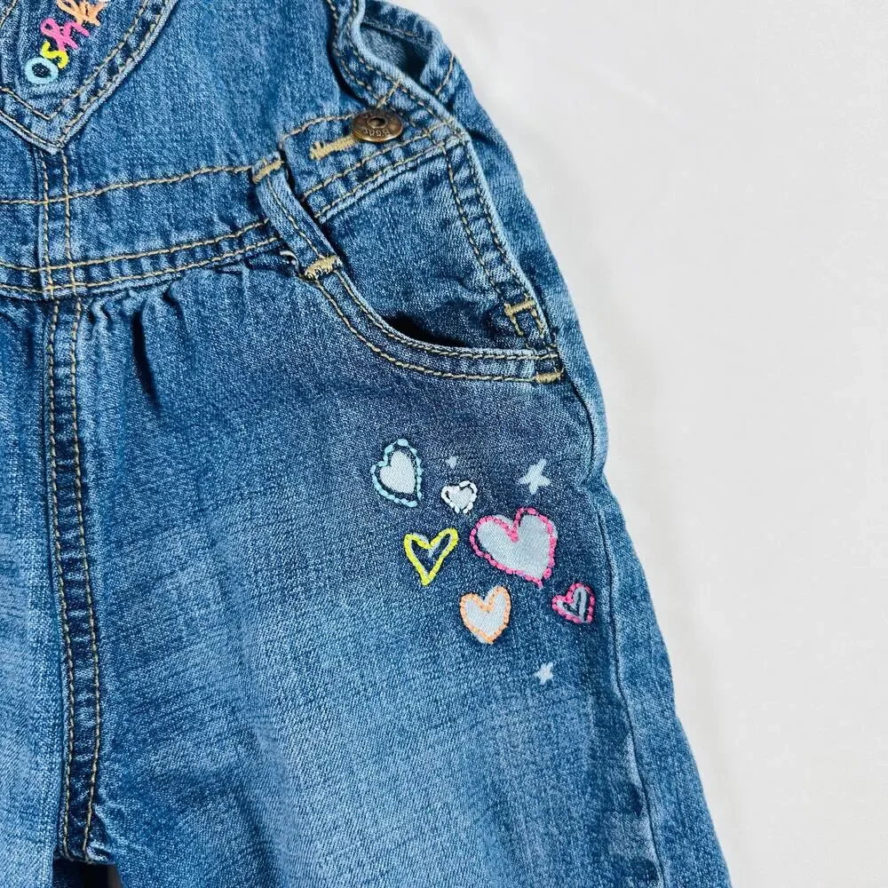 OshKosh B'gosh Embroidered Heart Embellished Denim Overalls Sz 18 mo